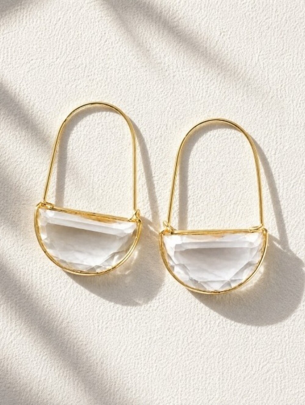 Gold Crescent Hoop Earrings with Clear Crystal